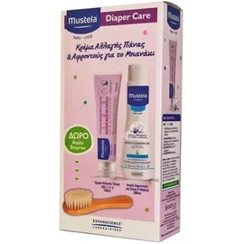 MUSTELA Diaper Care Pack, Κρέμα Αλλαγής Πάνας - 100ml, Απαλό Αφροντούς για Σώμα & Μαλλιά - 200ml & Δώρο Απαλή Βούρτσα