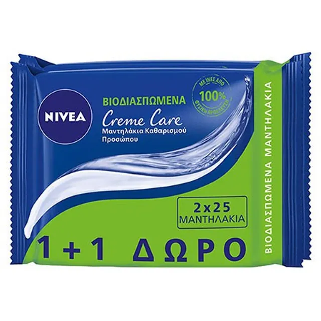 Nivea Creme Care Μαντηλάκια Καθαρισμού Βιοδιασπώμενα 25τεμ 1+1 Δώρο | Fedra