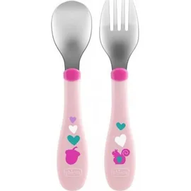Chicco Metal Cutlery Mix & Match Χρώμα:Ροζ - Πράσινο 18m+ Πιρούνι/Κουτάλι 2 Τεμάχια [16102-10]