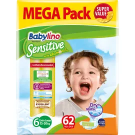 Πάνες Babylino Sensitive No6 Extra Large [15-30kg] Mega Pack 62 Τεμάχια