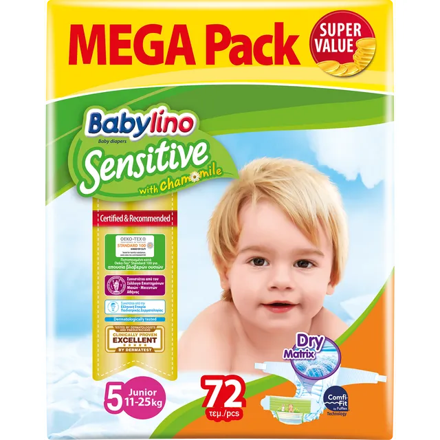 Πάνες Babylino Sensitive With Chamomile No5 Junior [11-25kg] Mega Pack 72  Τεμάχια - Fedra