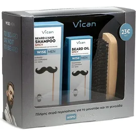 VICAN Σετ Wise Men Beard & Hair, Shampoo Spicy - 200ml & Beard Oil, Spicy - 30ml & Δώρο Beard Brush