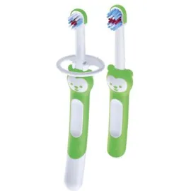 MAM Learn to Brush ΣΕΤ Εκπαιδευτική και Βρεφική οδοντόβουρτσα με ασπίδα προστασίας για μωρά 5+ μηνών code 608 Green