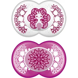 MAM Πιπίλες Clear Printed με θηλή από Σιλικόνη για Μωρά 6-16 Μηνών με ζωγραφισμένη ασπίδα Σιλικόνης (τεμάχια 2) code 180S Pink