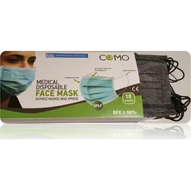 Μάσκες ComoMed Χειρουργικές Μιας Χρήσης Τριπλής Ύφανσης - Μάσκα Χρώματος Μαύρο-Ανθρακί 10τεμαχίων, BFE >99%, Type II, Ελληνικής Κατασκευής, Συσκευασία