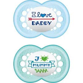 Mam I Love Mummy &amp; Daddy Πιπίλα Σιλικόνης (μπλέ &amp; τυρκουάζ ) 16m+ 2τμχ