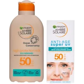 Garnier BUNDLE Ambre Solaire Ocean Protect High Protection Milk SPF50 Αντηλιακό Γαλάκτωμα Σώματος 200ml - Anti Age Super UV Face Cream SPF50 Αντηλιακή - Αντιρυτιδική Κρέμα Προσώπου 50ml