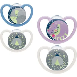 Nuk Space Night Πιπίλες Σιλικόνης 18-36m Σιλικόνης Γατούλα & Μέλισσα Μπλε - Μωβ 2τμχ