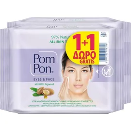 Pom-Pon Υγρά Μαντήλια Ντεμακιγιάζ για Μάτια και Πρόσωπο Naturals 1+1Δώρο (2x20τμχ)