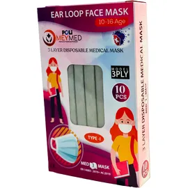 Poli MeyMed Παιδικές Μάσκες Προσώπου Γκρι με Φαρδύ Λάστιχο Type I 3ply Mask 10 Τεμάχια σε Κουτί