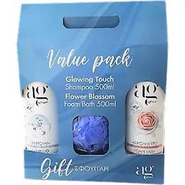 AG PHARM Value Pack Glowing Touch Shampoo Σαμπουάν 500ml &amp; Flower Blossom Foam Bath Αφρόλουτρο 500ml &amp; Δώρο Σφουγγάρι 1τμχ