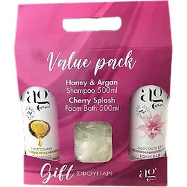 AG PHARM Value Pack Honey &amp; Argan Shampoo Σαμπουάν 500ml &amp; Cherry Splash Foam Bath Αφρόλουτρο 500ml &amp; Δώρο Σφουγγάρι 1τμχ
