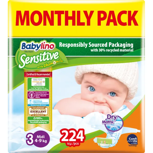 Πάνες Babylino Sensitive Monthly Pack No3 (4-9Kg) 224τεμ - Fedra