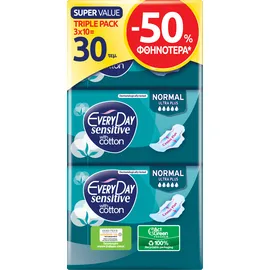 EveryDay Σερβιέτες Sensitive Cotton Ultra Plus Normal -50% 3x10τεμ Triple Pack