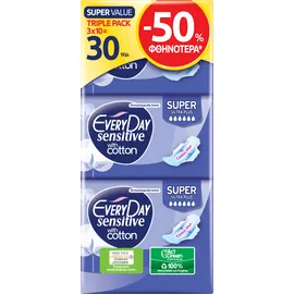 EveryDay Σερβιέτες Sensitive Cotton Ultra Plus Super -50% 3x10τεμ Triple Pack