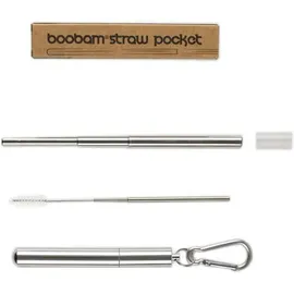 Boobam Pocket Straw Portable & Collapsible - Πτυσσόμενο Καλαμάκι Ροφημάτων Silver Σε Μέγεθος Ταξιδίου Με Βουρτσάκι Καθαρισμού, 1 τεμάχιο