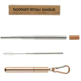 Boobam Pocket Straw Pocket Rose Gold Portable & Collapsible  - Πτυσσόμενο Καλαμάκι Ροφημάτων Ροζ Χρυσό Σε Μέγεθος Ταξιδίου Με Βουρτσάκι Καθαρισμού, 1 τεμάχιο