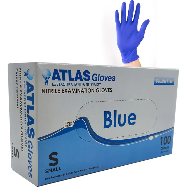 ATLAS Nitrile Blue Γάντια Νιτριλίου Μπλε Μέγεθος:Small Χωρίς Πούδρα 100  Τεμάχια - Fedra