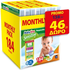 Πάνες Babylino Sensitive Monthly Pack No4+ (10-15Kg) 138 + 46τεμ ΔΩΡΟ =184τεμ.