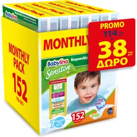Πάνες Babylino Sensitive Monthly Pack No7 (15+Kg) Monthly Pack 114+38τεμ ΔΩΡΟ =152τεμ.