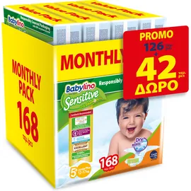 Πάνες Babylino Sensitive No5+ (12-17Kg) Monthly Pack (126+42τμχ ΔΩΡΟ) 168τμχ