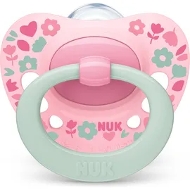 Nuk Signature Πιπίλα Σιλικόνης Ροζ με Λουλούδια 18-36m+ με Θήκη 1 Τεμάχιο