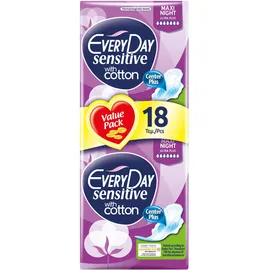 Every Day Sensitive Maxi Night Ultra Plus Value Pack Πολύ Λεπτές Σερβιέτες με Βαμβακερό Κάλυμμα, Ιδανικές για τη Νύχτα 18 τεμ