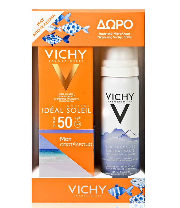 Vichy Ideal Soleil SPF50+ Αντηλιακή Κρέμα προσώπου για Ματ Αποτέλεσμα 50ml  + Δώρο Vichy Eau Thermale Mineralisante 50ml - Fedra